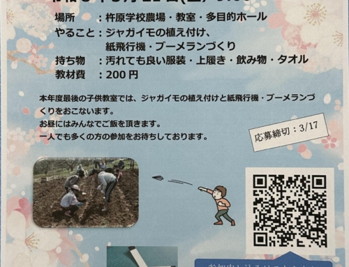 令和８年３月２１日「杵原学校こども教室」ジャガイモの植え付け・紙飛行機・ブーメランづくりの開催案内と申し込みについて
